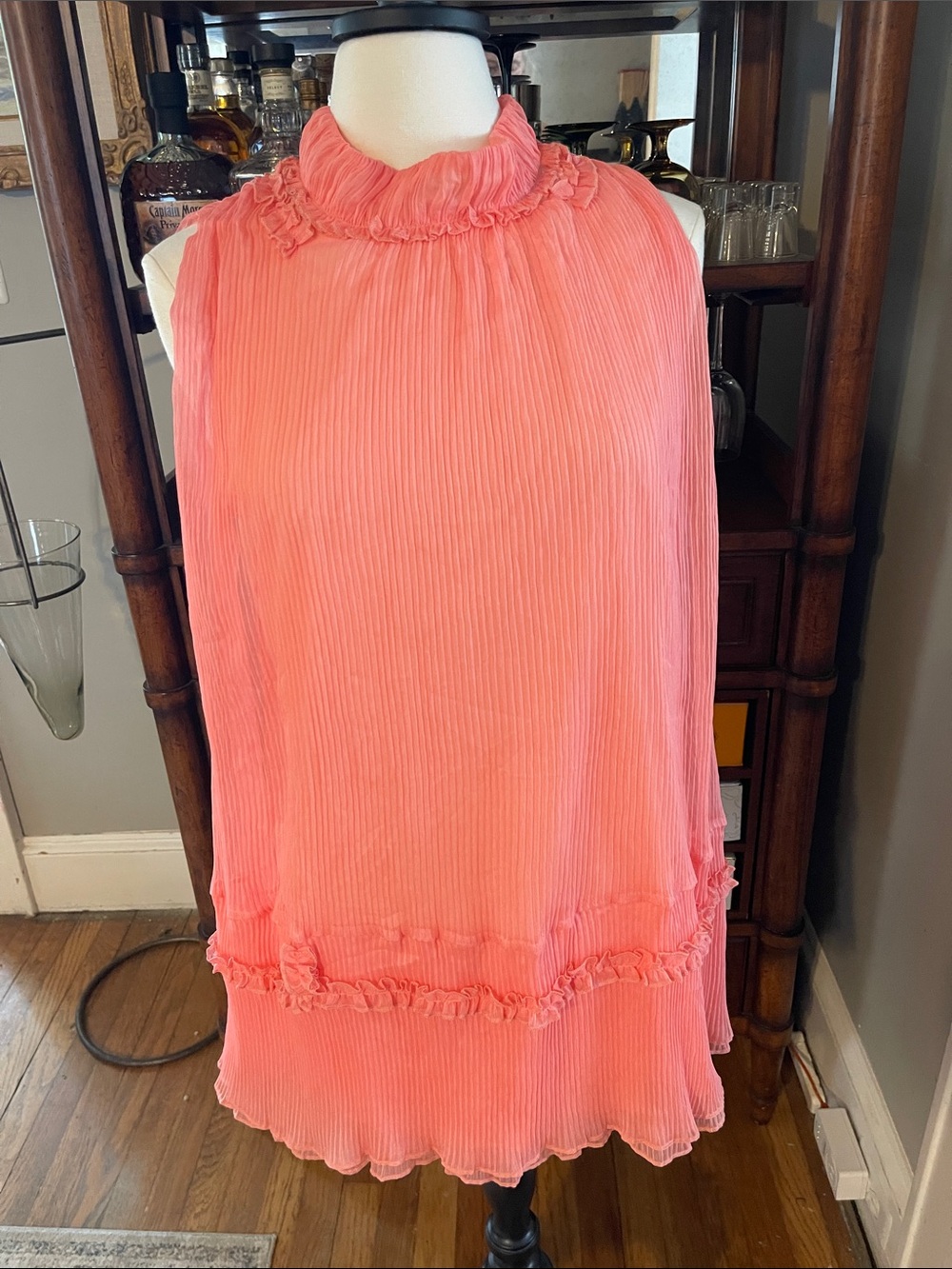Women’s Pink Sleeveless Coral Ruffle Neck Pleated Tunic/Mini Dress